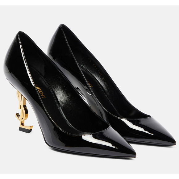 Saint Laurent Opyum 85 Black Patent Leather Gold YSL Logo Pointed Heel Pump 36 - Picture 7 of 16